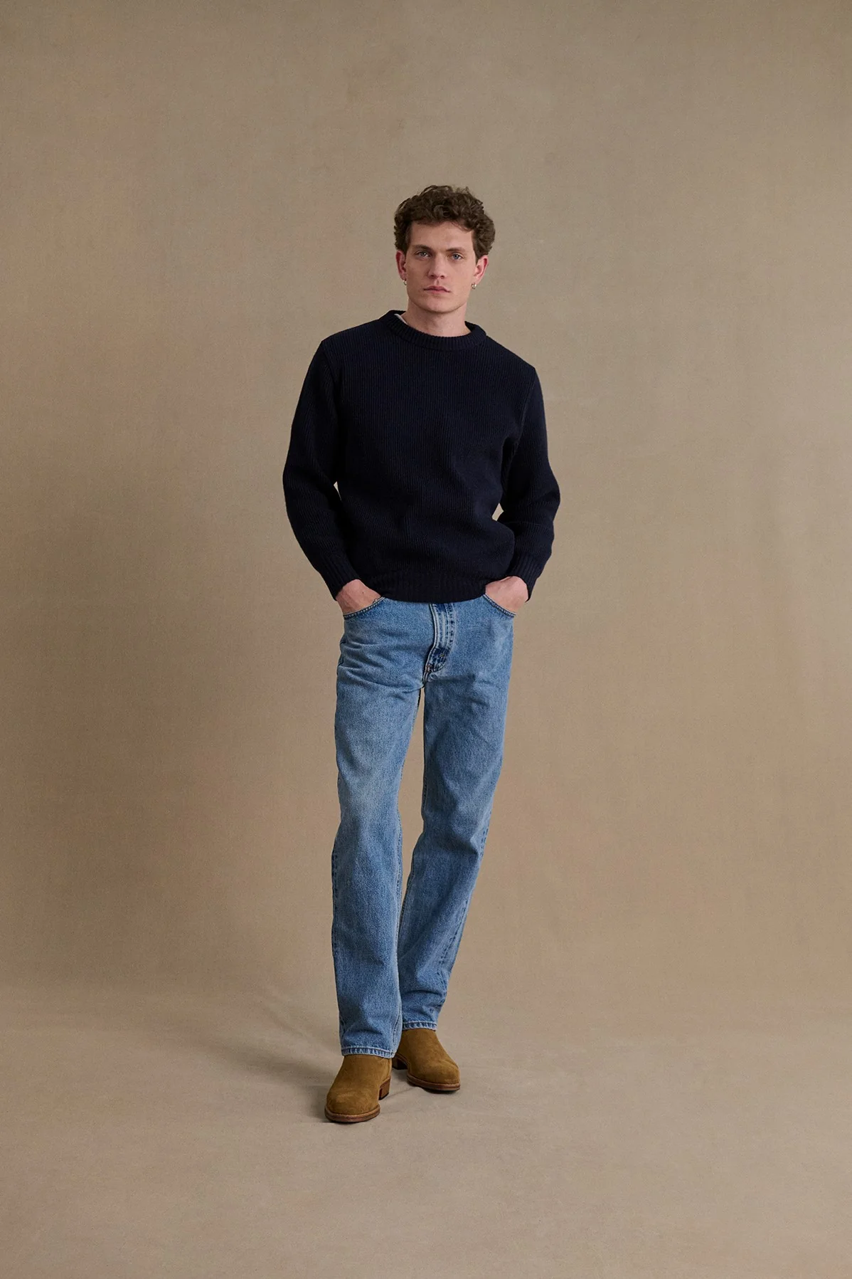 Pull homme col rond à côtes bleu marine - Image 4