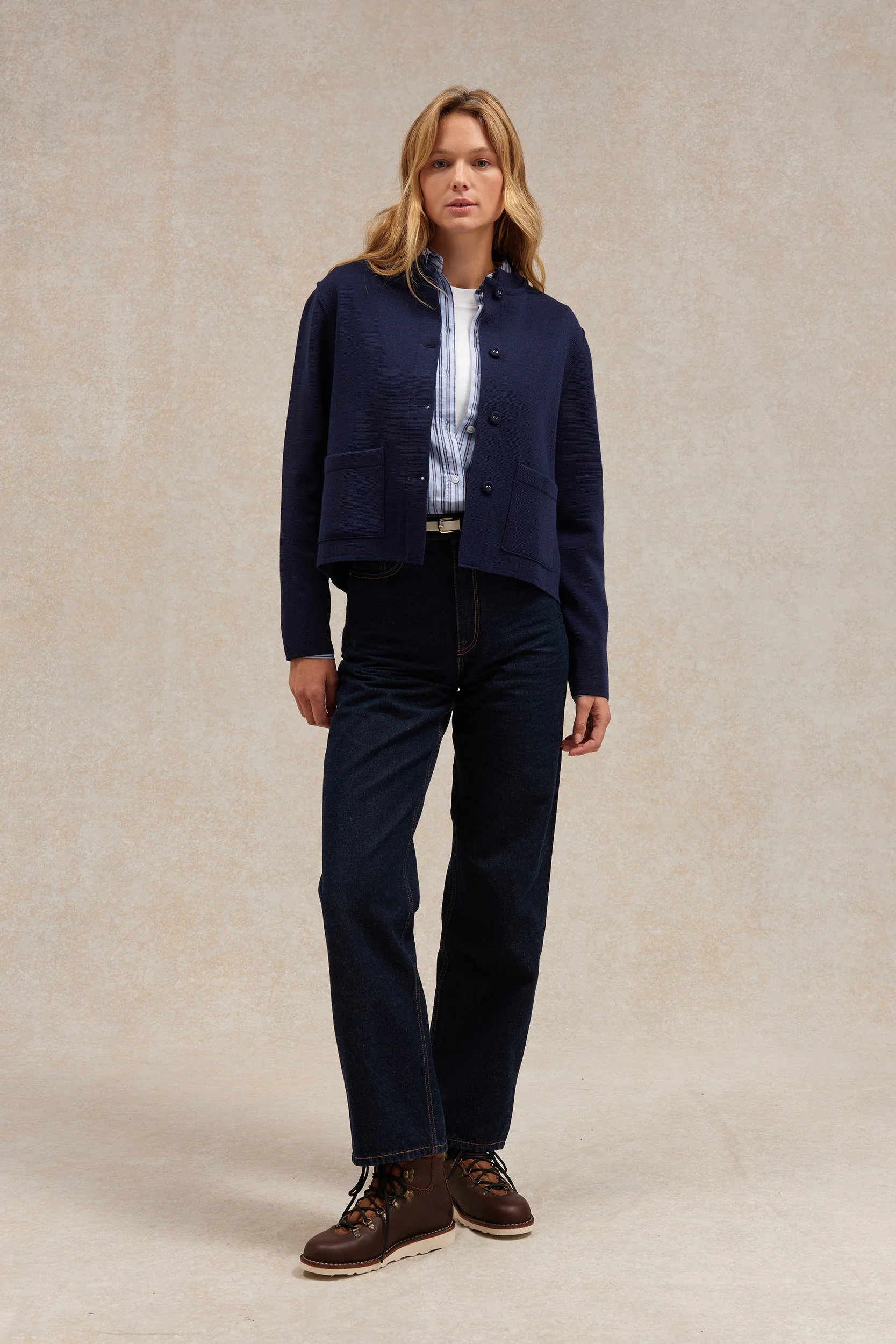 Veste à col Mao bleu marine en maille Milano pour femme - Image 4