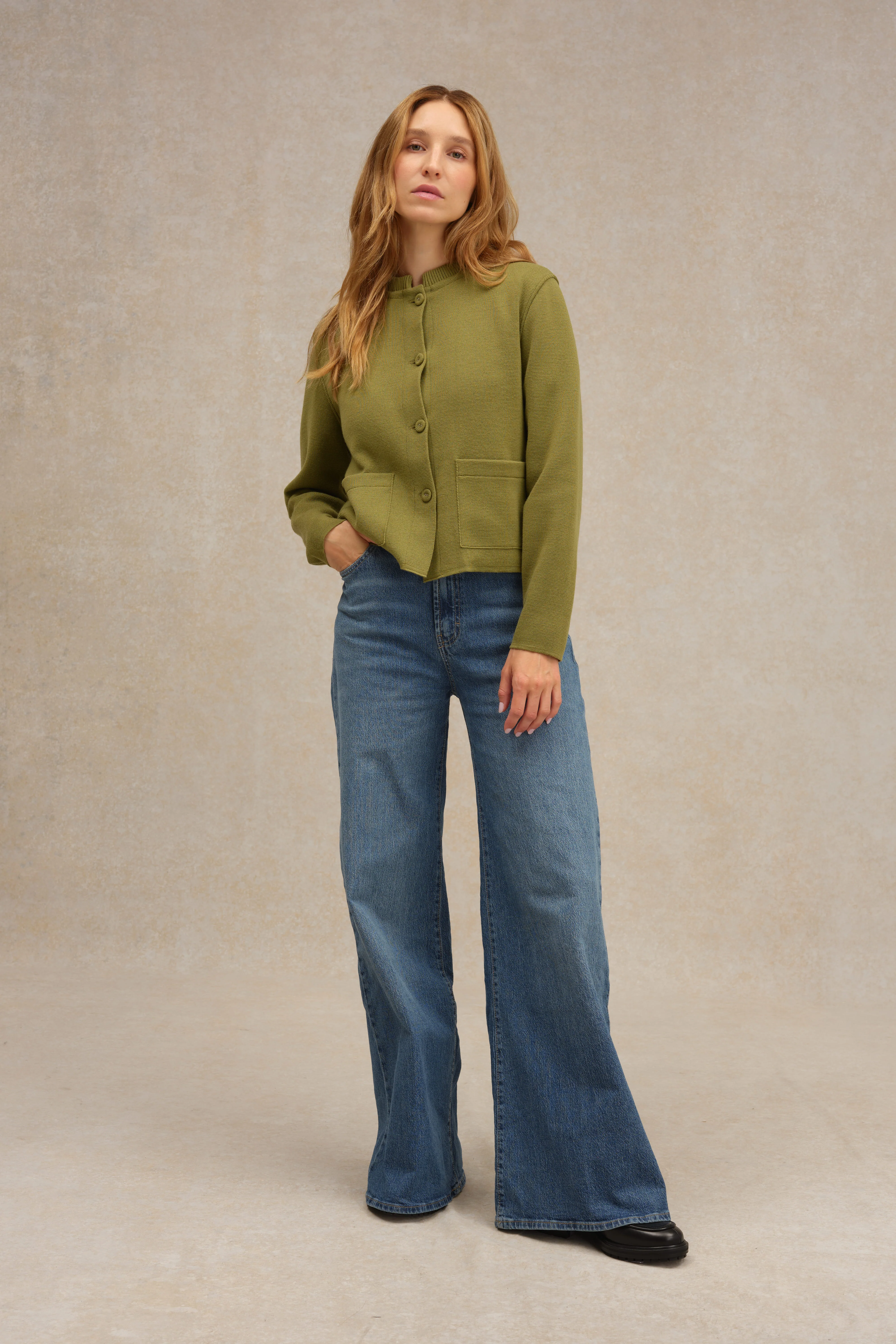 Veste à col Mao olive acide en maille Milano pour femme - Image 3